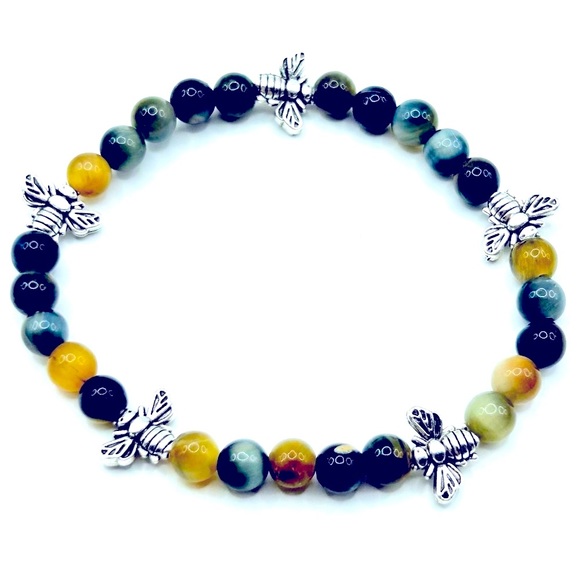 Handmade Bumble Bee Charm Bracelet with Natural Tiger Eye Stones! - Picture 2 of 6